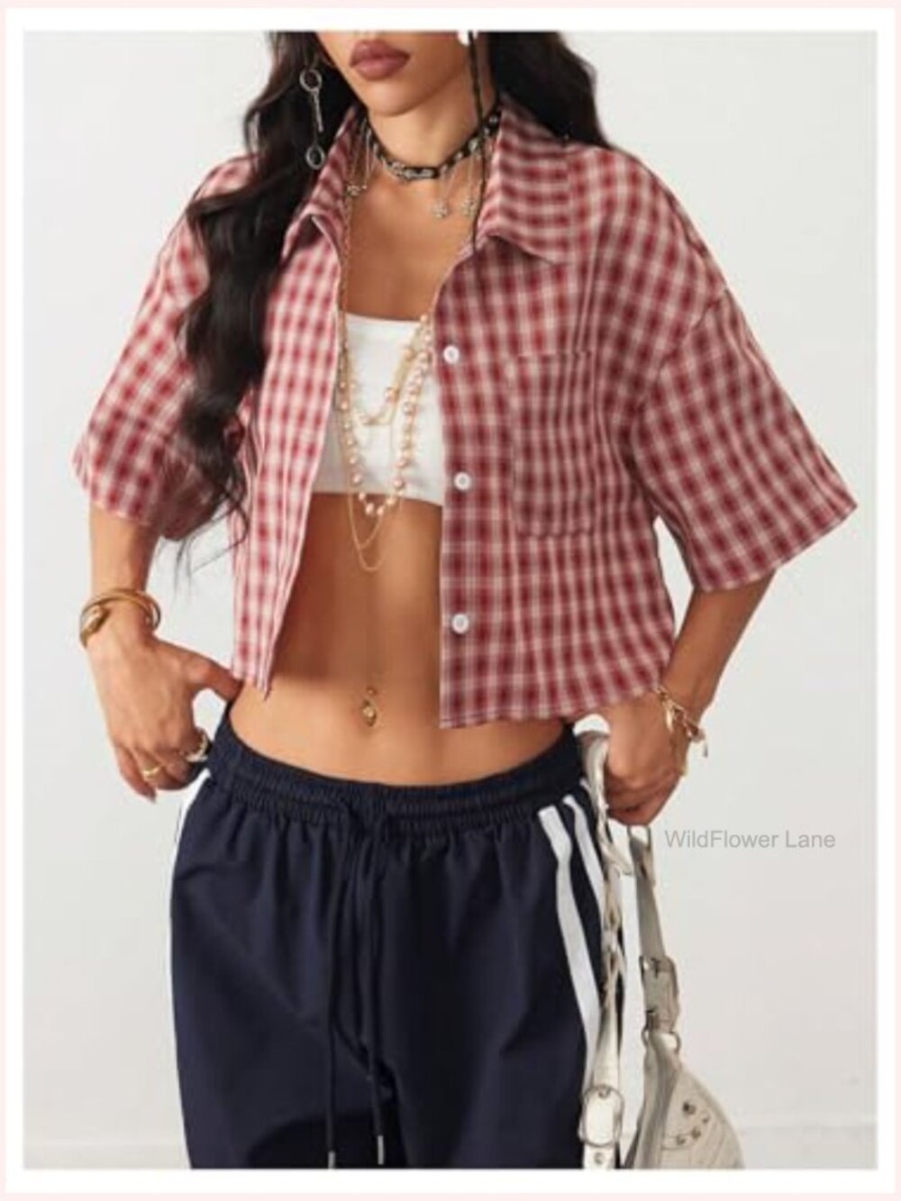 Vintage Plaid Button Down Crop Blouse Short Sleeve Preppy Top - Picture 4 of 6